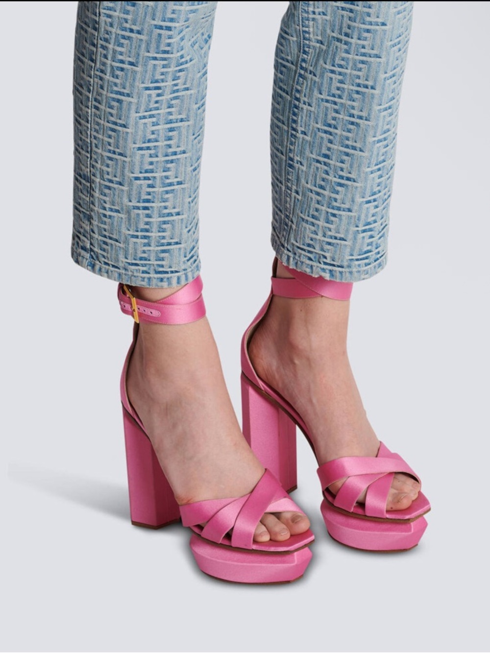 BALMAIN Women’s Pink Platform Block Heel Sandals with Ankle Strap